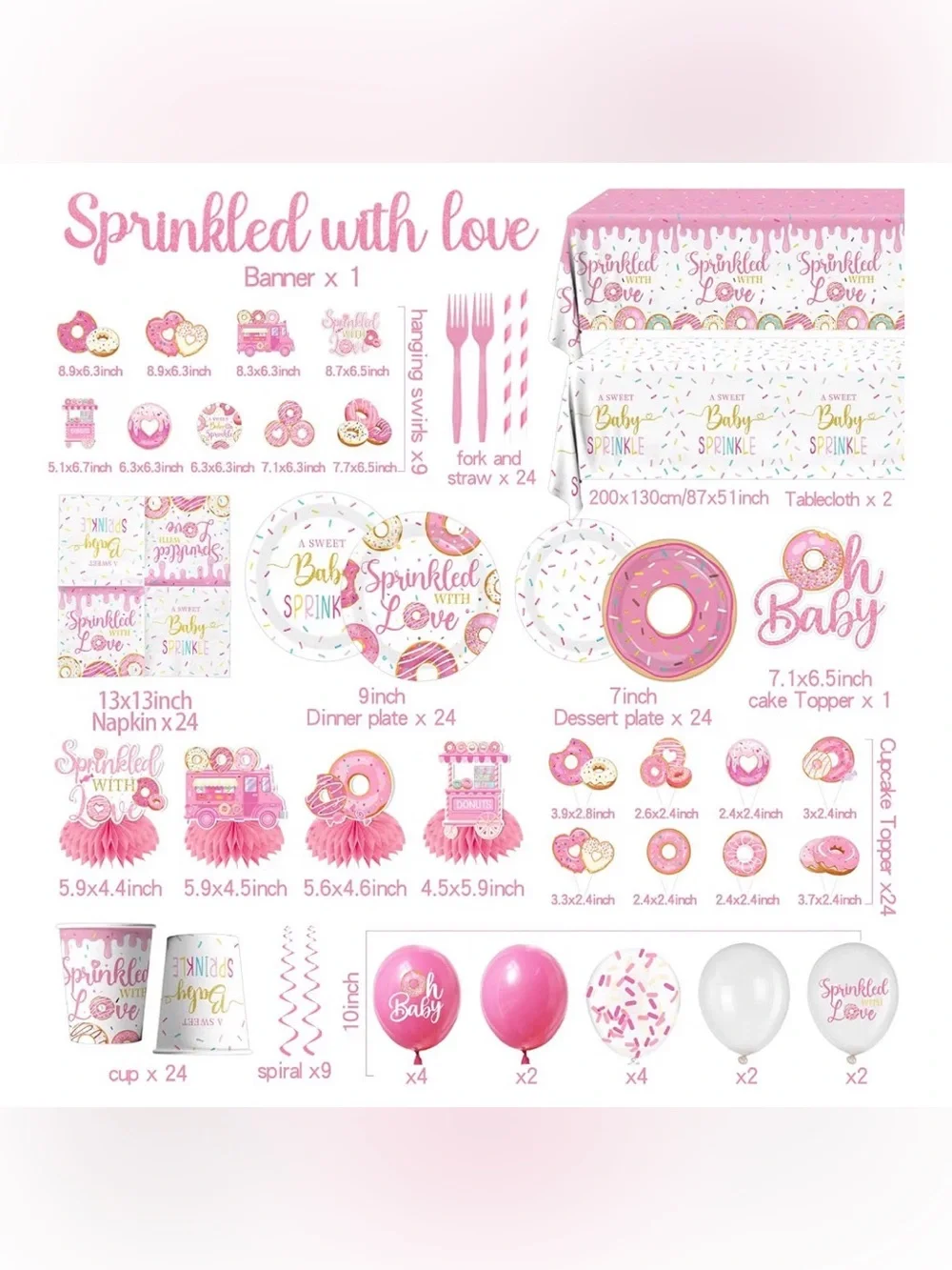 “Sprinkled With Love” Pink Baby Shower Party Supplies Kit Decorations